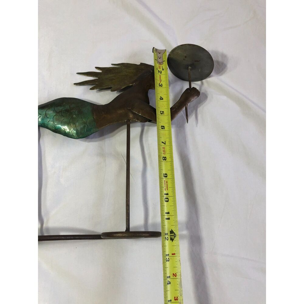 VtgY2K Metal Mermaid Candle Holder 16" Verdigris Patina Nautical Folk Art Statue - Picture 8 of 9